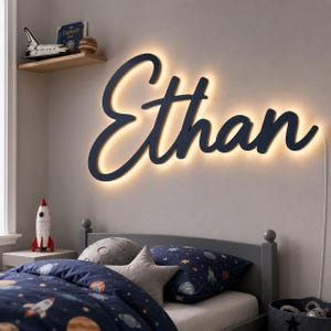 May include: A navy blue illuminated wall sign spelling "Ethan" in a cursive font. The sign is mounted on a light gray wall above a bed with space-themed bedding. A small wooden shelf holds a toy space shuttle and a book.