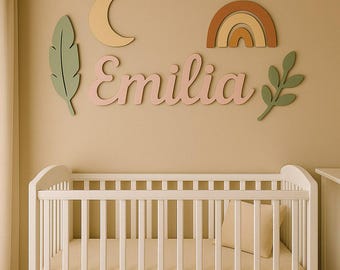 Letrero de pluma estilo bohemio con nombre de bebé, decoración de madera para la habitación del bebé, regalo personalizado para baby shower.