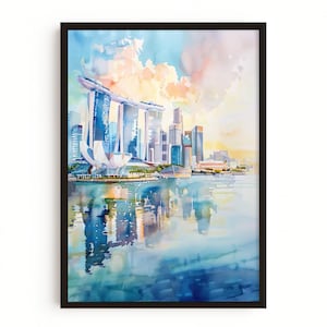 Akvarelltryck med Singapores silhuett | Väggkonst med Marina Bay Sands | Modern stadslandskapsposter