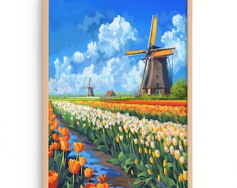 オランダの田舎の風景。風車が描かれている油絵です。サイン有 オランダ風車村 Oil on canvas (31×41㎝) 初めてのオランダ