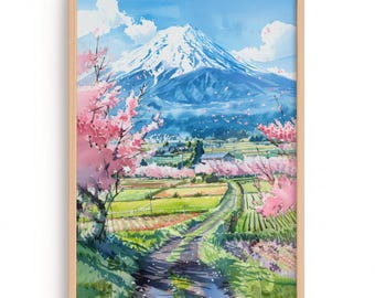 富士山の水彩画：日本の桜のアート（8x6インチ） - Etsy 日本