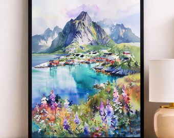 Reine Lofoten Norway Print: Arctic Fjord Watercolor Landscape