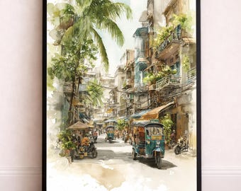 Phnom Penh Street Print – Cambodia Cityscape Wall Art, Southeast Asia Urban Watercolor
