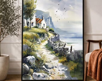 Irish Coast Watercolor Print | Ireland Landscape Painting | Seaside Cottage Wall Art