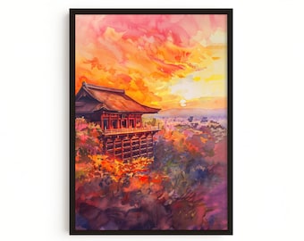 Japanese Wall Art Print — Kyoto Temple Watercolor Painting, Japan Travel Poster