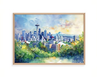 Seattle Skyline Watercolor Art Print, Space Needle & Mount Rainier