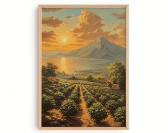 El Salvador Coffee Plantation Watercolor Wall Art, Central America Landscape at Sunset Scenery