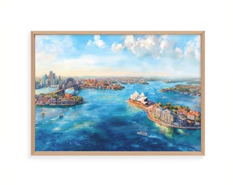 シドニー港の水彩画、オーストラリアの都市景観アートプリント