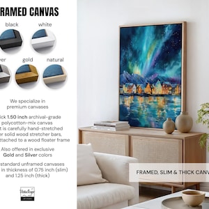 The image is a collage of various framed artworks, including a large painting of a cityscape with a night sky, a framed canvas in different colors, and a framed canvas in a minimalist style. The collage is set against a white wall and features a wooden cabinet and a white sofa in the background.