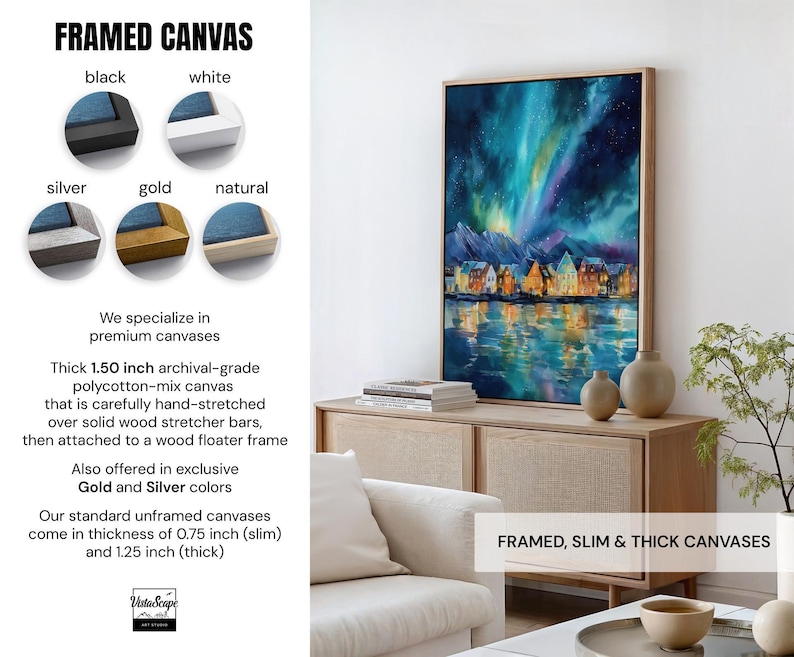 The image is a collage of various framed artworks, including a large painting of a cityscape with a night sky, a framed canvas in different colors, and a framed canvas in a minimalist style. The collage is set against a white wall and features a wooden cabinet and a white sofa in the background.