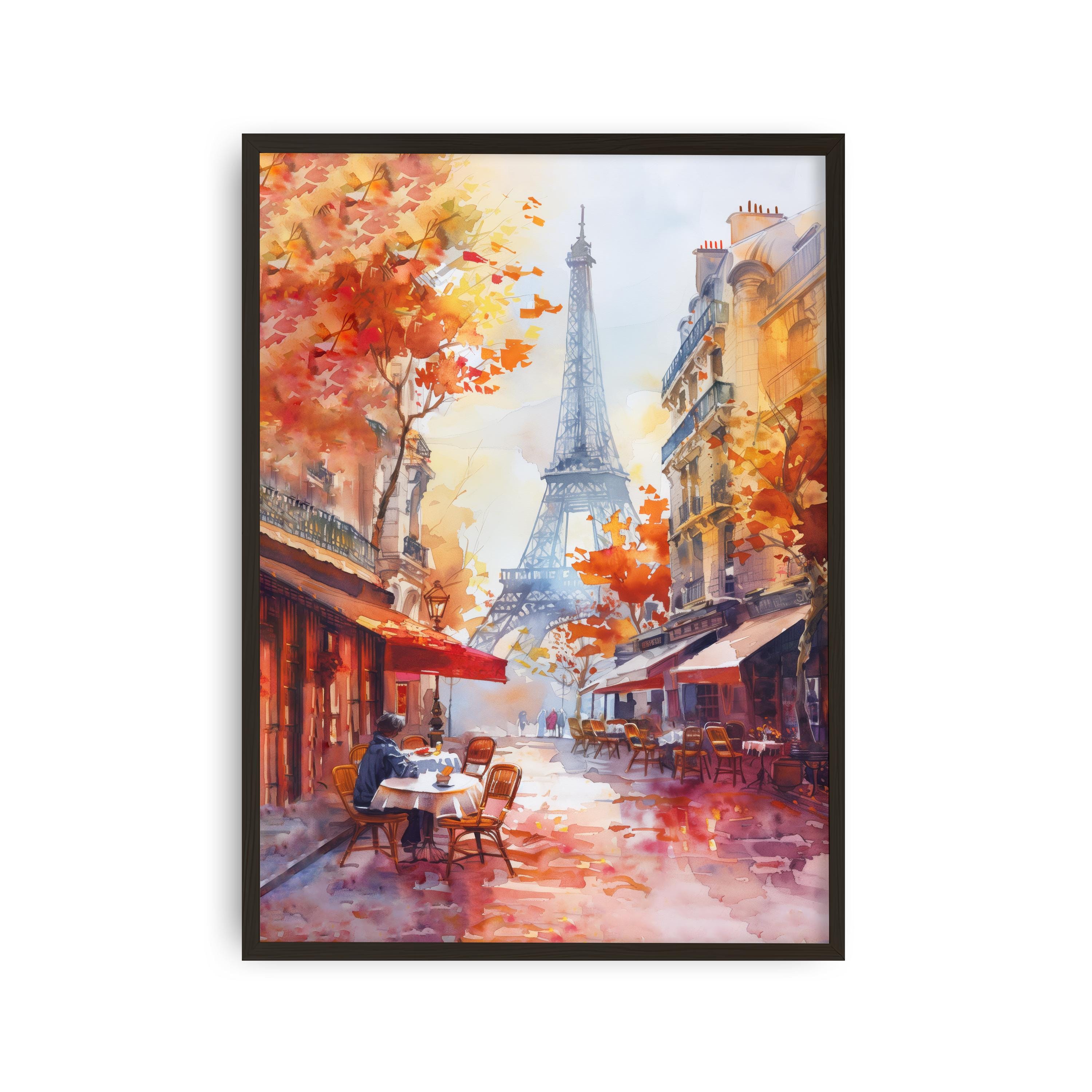 エッフェル塔 カフェの風景画 40x60cm パリのエッフェル塔の水彩画：秋