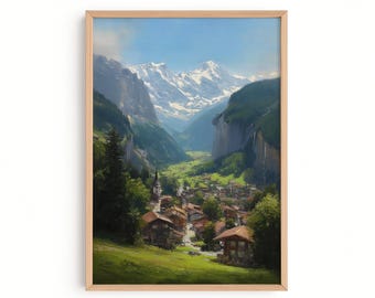 Wengen Switzerland Wall Art, Swiss Alps Village Print, Lauterbrunnen Valley Painting
