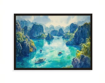 May include: A framed watercolor print depicting a serene seascape. The artwork showcases a turquoise bay surrounded by towering, blue-grey rock formations with lush green vegetation. Several small boats dot the water, enhancing the tranquil scene.