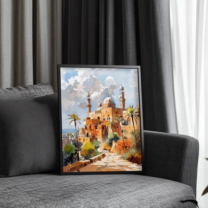 Lámina de arte islámico para pared — Paisaje urbano en acuarela de Samawah, Irak, póster de Oriente Medio imagen 9