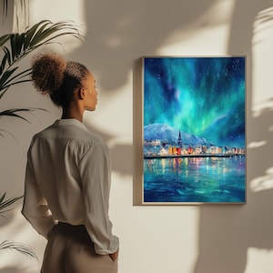 Reykjavik Northern Lights Print | Iceland Wall Art | Aurora Borealis Painting | Scandinavian. Decor image 4