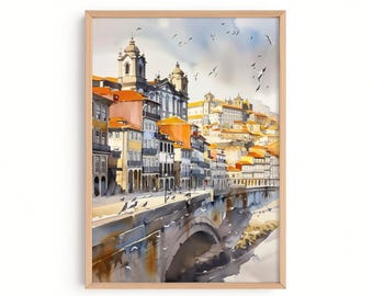 Portugal Wall Art Print — Porto Ribeira Watercolor Cityscape, Douro River Poster