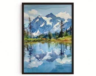 Pacific Northwest Art Print — Mount Shuksan Washington, Watercolor Landscape Poster