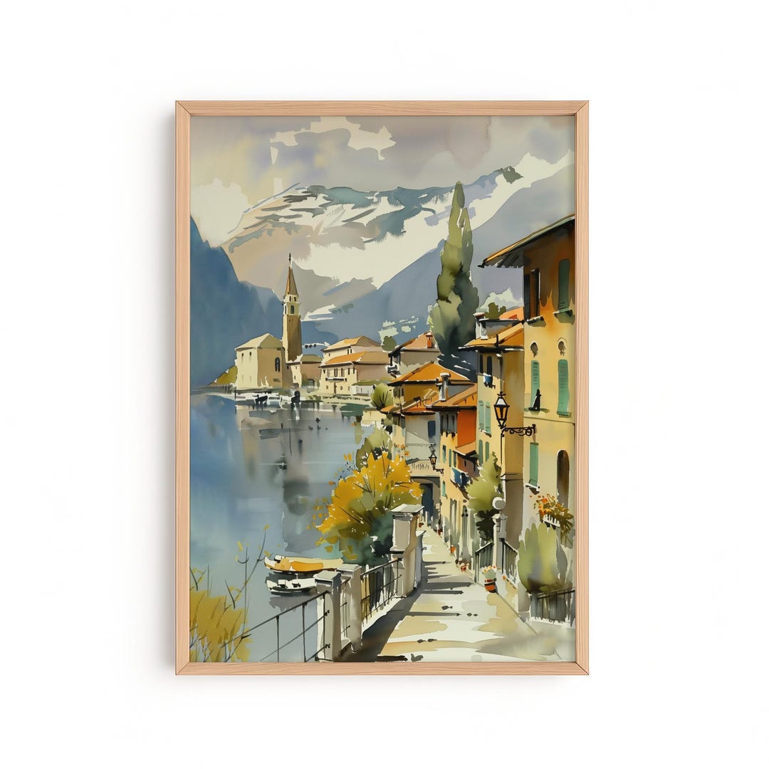 Italian Wall Art Print — Lake Como Village, Watercolor Landscape Poster ...