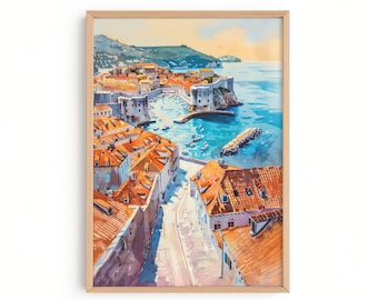 ドゥブロヴニク旧市街の水彩画、クロアチア旅行の絵画、アドリア海の壁