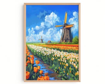 オランダのチューリップの水彩画：風車の風景画 - Etsy 日本