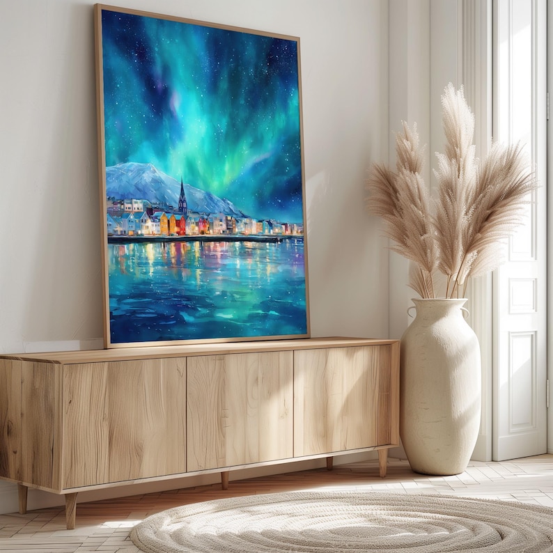 Reykjavik Northern Lights Print | Iceland Wall Art | Aurora Borealis Painting | Scandinavian. Decor image 2