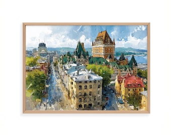 May include: Watercolor painting of a cityscape with buildings and a street. The buildings have various colors, including orange, green, and yellow. The sky is blue with clouds, and the artwork is framed in a light brown wooden frame.