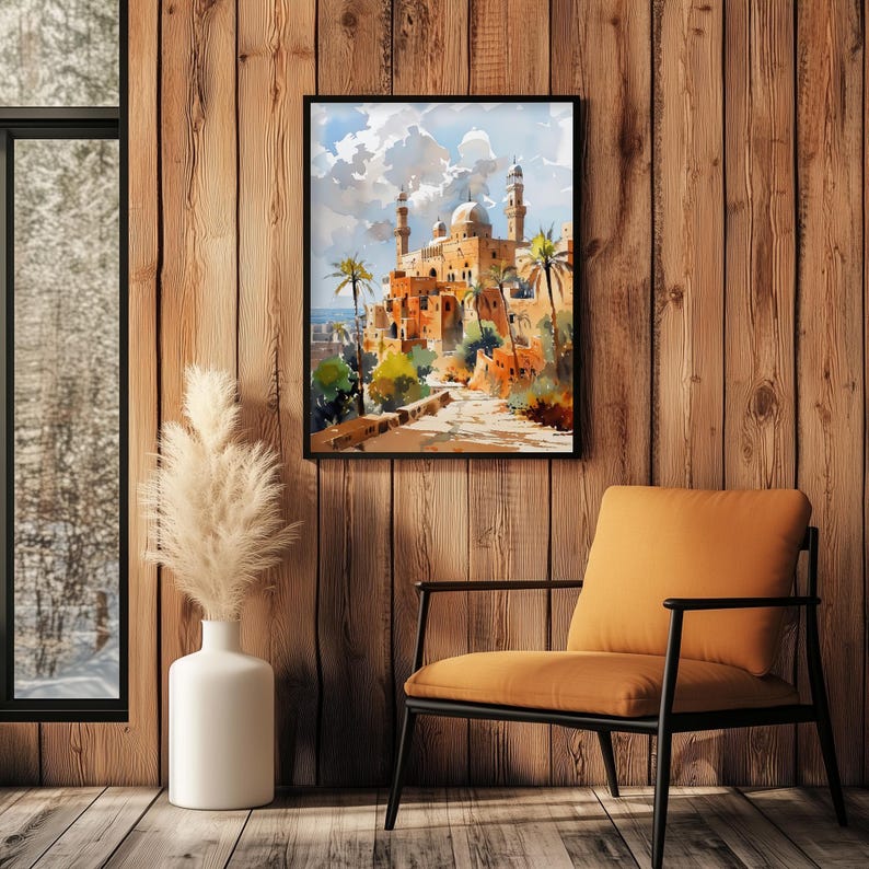 Lámina de arte islámico para pared — Paisaje urbano en acuarela de Samawah, Irak, póster de Oriente Medio imagen 3