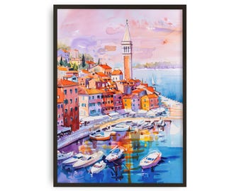 Rovinj, Chorwacja, akwarela, wybrzeże Adriatyku i kościół św. Eufemii, chorwacka dekoracja ścienna
