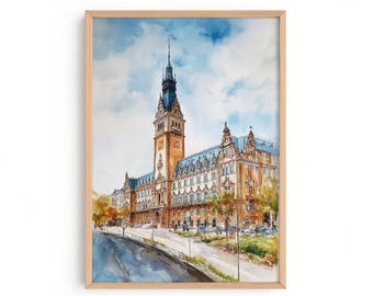 Hamburg Town Hall Watercolor Print, Rathaus Wall Art, Germany City Architecture Painting