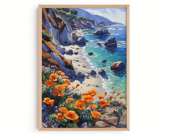 Big Sur California Watercolor Wall Art, Coastal Cliff Landscape Print,  Coastline Ocean Decor