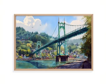 May include: A framed watercolor painting of a teal bridge spanning a river, with lush green hills and a blue sky in the background. The bridge has intricate archway supports and is set against a backdrop of houses and trees. The artwork is in a light wooden frame.