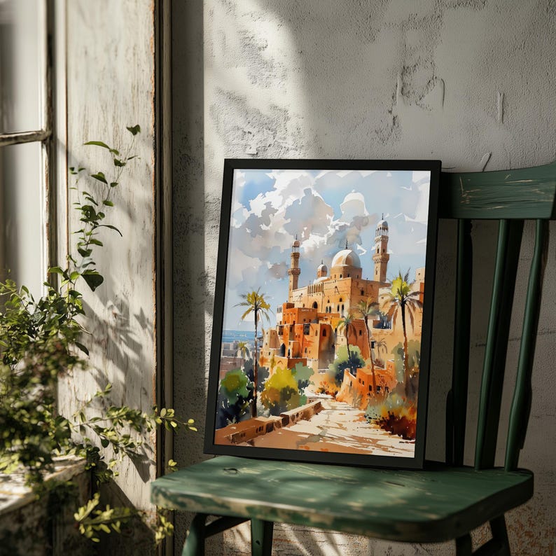 Lámina de arte islámico para pared — Paisaje urbano en acuarela de Samawah, Irak, póster de Oriente Medio imagen 10