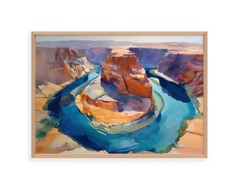Horseshoe Bend Watercolor Print, Arizona Canyon Wall Art, Colorado River Painting