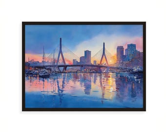 Boston Zakim Bridge-tryck, väggkonst med solnedgång över Charles River, kvällsaffisch med Massachusetts skyline