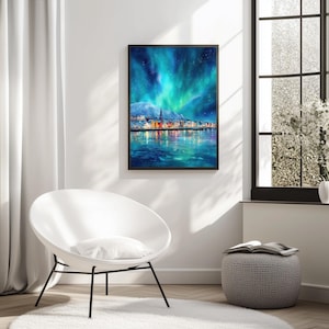 Reykjavik Northern Lights Print | Iceland Wall Art | Aurora Borealis Painting | Scandinavian. Decor image 9