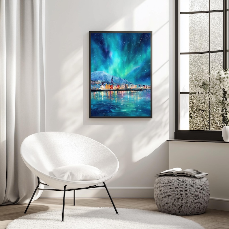 Reykjavik Northern Lights Print | Iceland Wall Art | Aurora Borealis Painting | Scandinavian. Decor image 9
