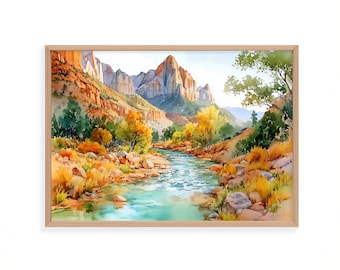 Zion National Park Watercolor Print, Utah Canyon Landscape Art, Virgin River Painting
