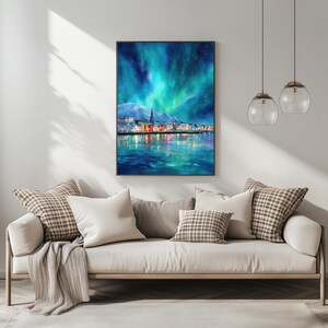 Reykjavik Northern Lights Print | Iceland Wall Art | Aurora Borealis Painting | Scandinavian. Decor image 12