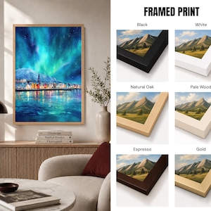 The image is a framed print of a cityscape with mountains in the background, displayed in a living room setting.