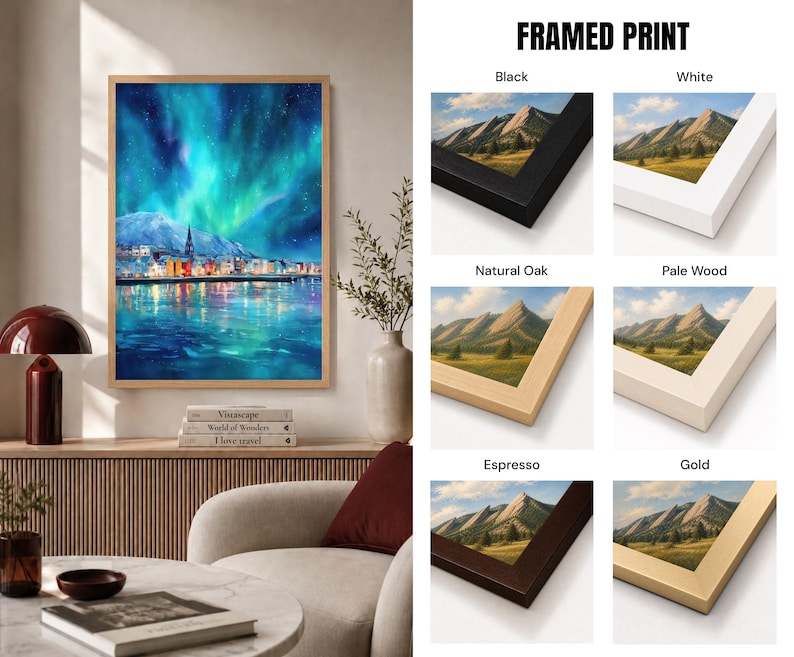 The image is a framed print of a cityscape with mountains in the background, displayed in a living room setting.