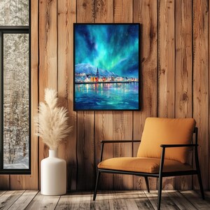 Reykjavik Northern Lights Print | Iceland Wall Art | Aurora Borealis Painting | Scandinavian. Decor image 11