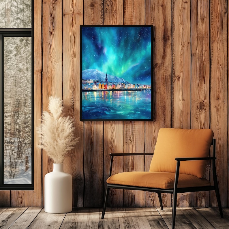 Reykjavik Northern Lights Print | Iceland Wall Art | Aurora Borealis Painting | Scandinavian. Decor image 11