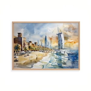 May include: A framed watercolour painting depicting a coastal Dubai cityscape with the Burj Al Arab, sandy beaches, palm trees, and a sailboat on the water under a soft blue and orange sky with birds flying in the distance.