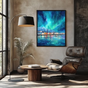 Reykjavik Northern Lights Print | Iceland Wall Art | Aurora Borealis Painting | Scandinavian. Decor image 3
