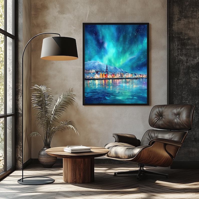 Reykjavik Northern Lights Print | Iceland Wall Art | Aurora Borealis Painting | Scandinavian. Decor image 3
