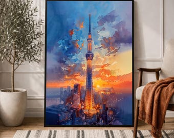 Tokyo City Skyline Print, Skytree Anime Style Wall Art, Colorful