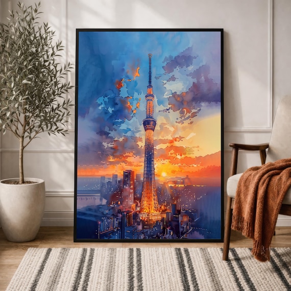 Tokyo Skytree Poster Watercolor: Asia Sunset Japanese Cityscape