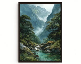 Milford Track Watercolor Print, New Zealand Landscape Wall Art, Fiordland National Park Mountain River Painting