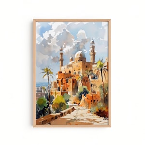 Lámina de arte islámico para pared — Paisaje urbano en acuarela de Samawah, Irak, póster de Oriente Medio imagen 1