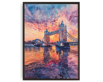 Tower Bridge London Watercolor Print - Sunset Cityscape Wall Art